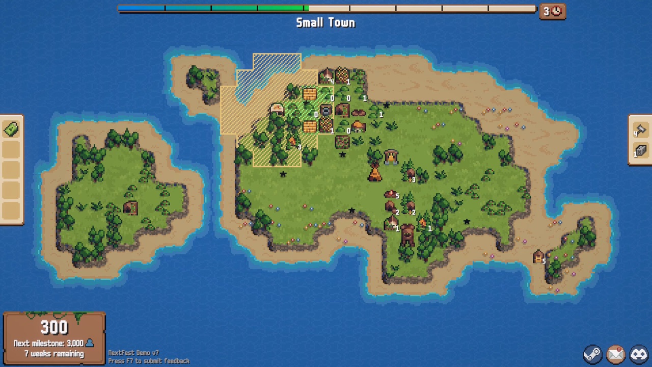 Pixel-art buildings on the green island terrain of Combolands