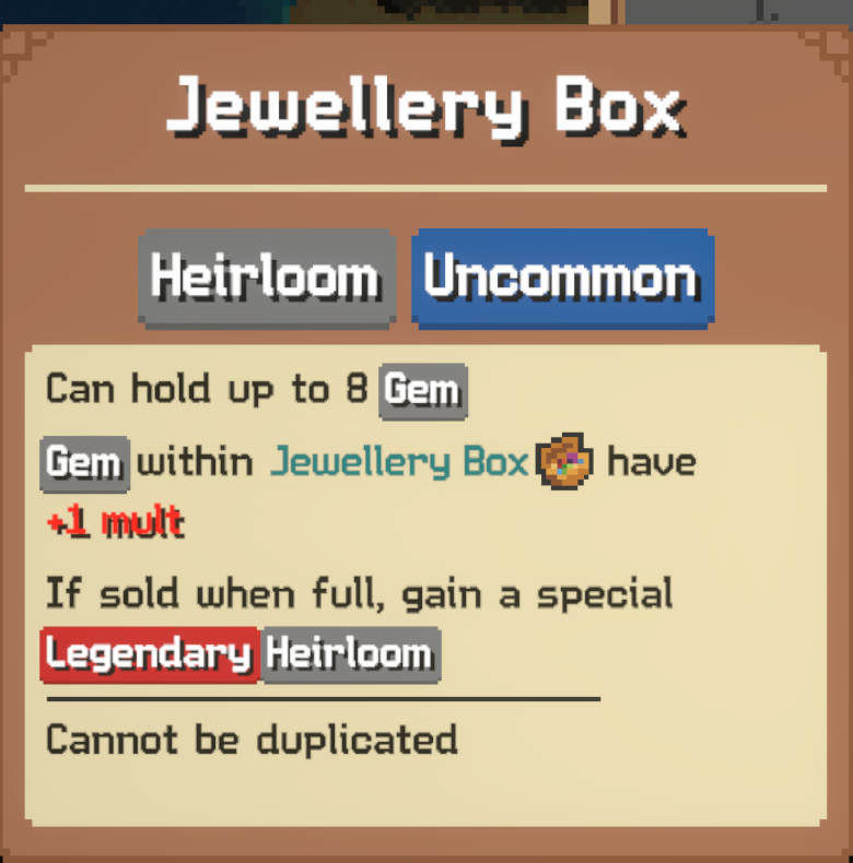 Jewellery Box heirloom in Cube's guide, showing capacity for eight gems and a special heirloom on sale when full