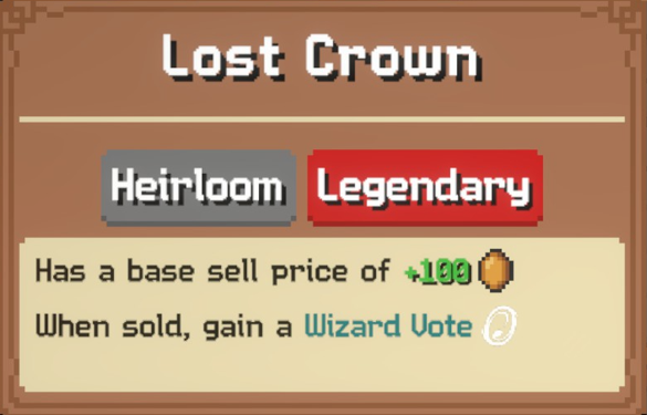 Lost Crown heirloom card in Cube's guide, showing a Wizard Vote when sold