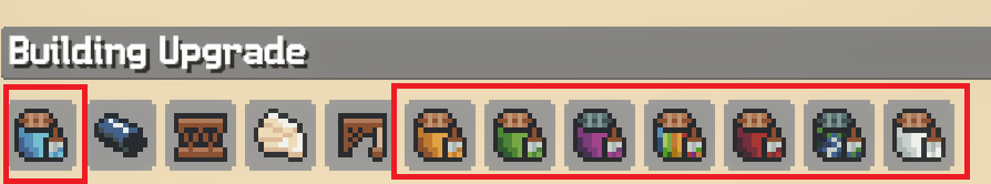 Building Upgrade row showing several paint buckets in different colours alongside other upgrade items