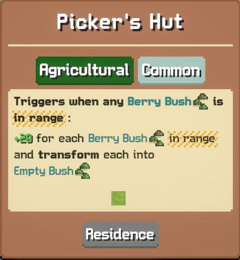 Picker's Hut card preview naming Berry Bush in range and its Empty Bush transformation