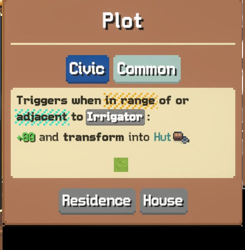 Plot card preview: triggers only when it meets an Irrigator range or adjacency condition, then transforms into Hut