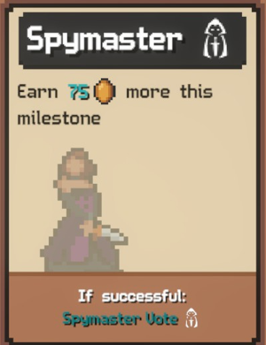 Spymaster request in Cube's pictured run showing 75 Gold within the milestone