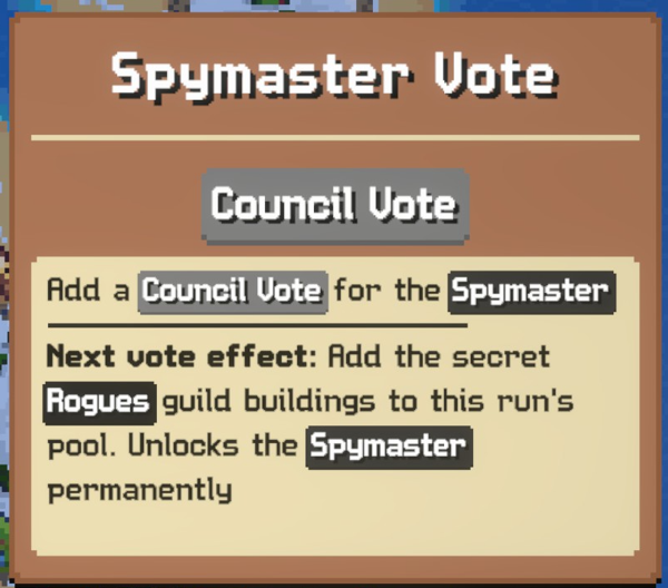 Spymaster Vote card in Cube's guide saying the next vote adds secret Rogues buildings to the run pool